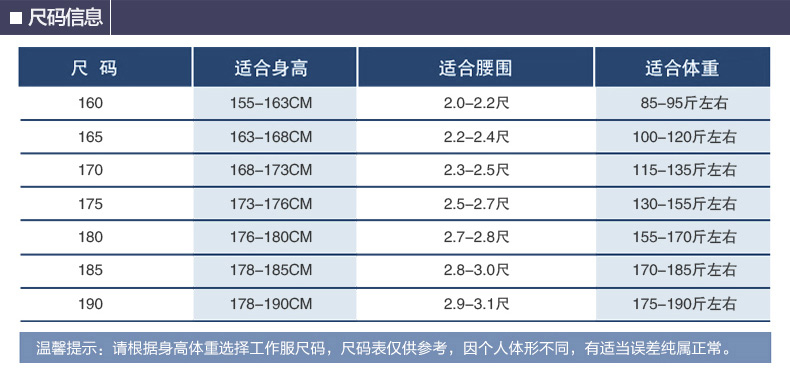 維修電焊、機械加工工作服尺寸表